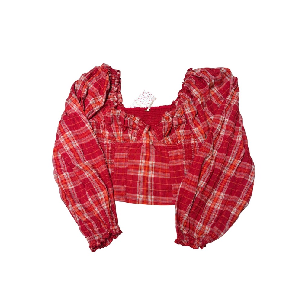 NWT Free People Red Hot Plaid Smocked Crop Top Puff Sleeve Red Orange Womens XS